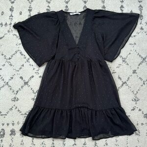 Zara Black Mini Dress Metallic Thread Ruffle Flowy Little Black Dress LBD
